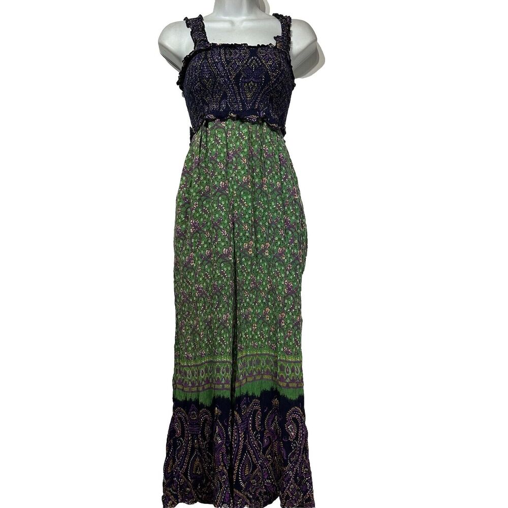 Urban Outfitters Culotte Purple Green Floral Printed Boho Smocked Jumpsuit XS